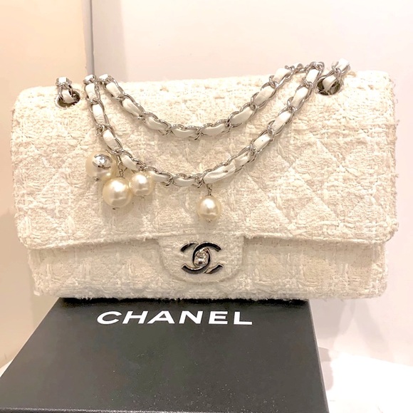 CHANEL 🤍RARE Ginza Double Flap 2.55 Ivory Tweed Boucle Rectangle Quilted Silver - Picture 16 of 16